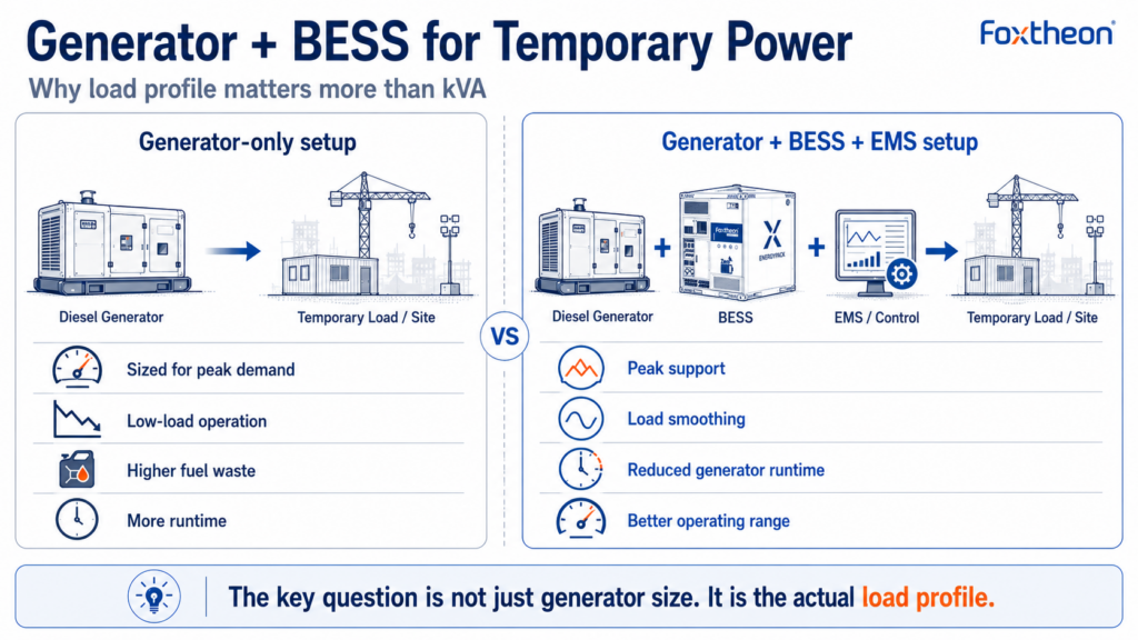 Foxtheon technical infographic comparing generator-only temporary power with generator + BESS + EMS setup, showing why load profile matters more than kVA.