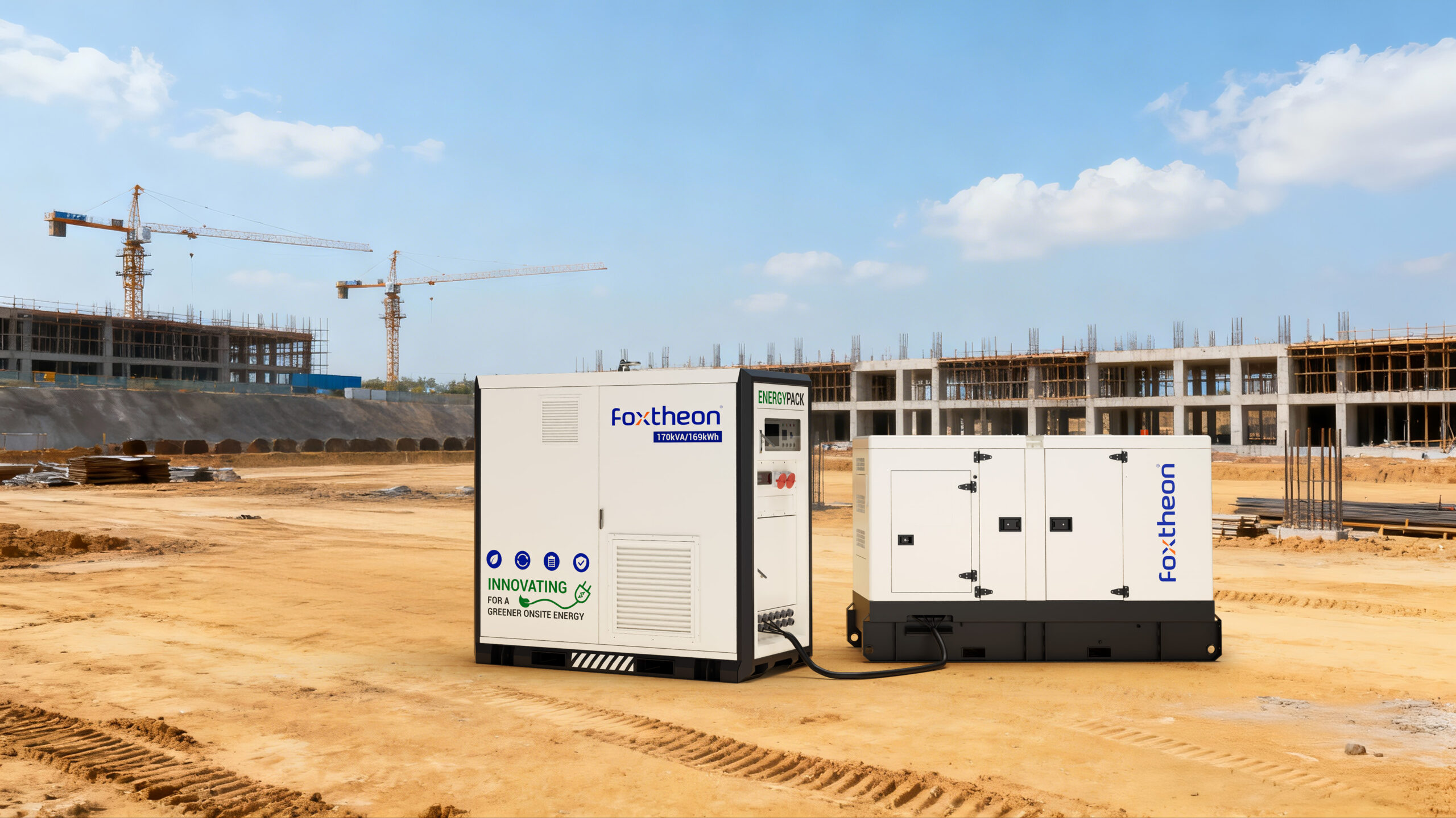 Foxtheon EnergyPack P150 hybrid BESS in a construction-site setting