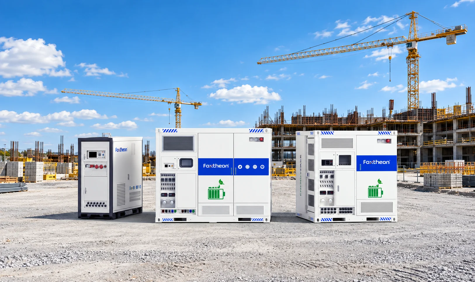 Three Foxtheon EnergyPack hybrid BESS units at a construction site