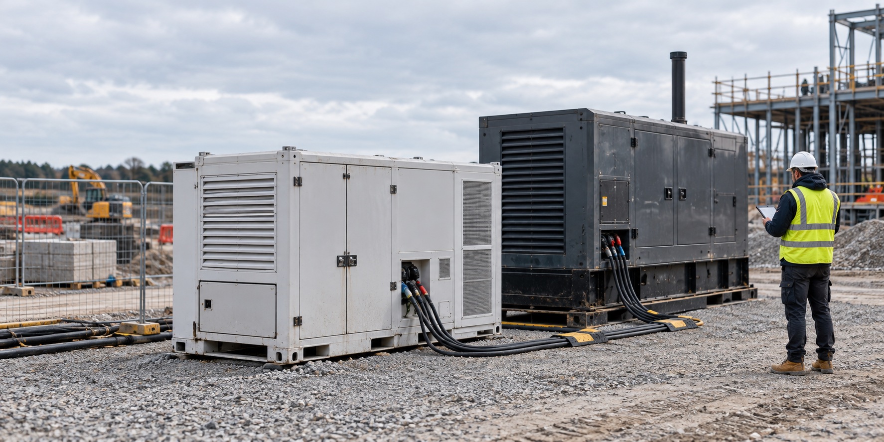 Mobile battery energy storage system and diesel generator at a temporary power rental site