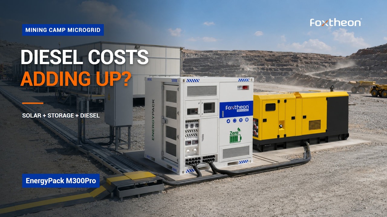 3D rendering of a remote mining camp microgrid with solar panels, EnergyPack M300Pro battery storage and diesel generation